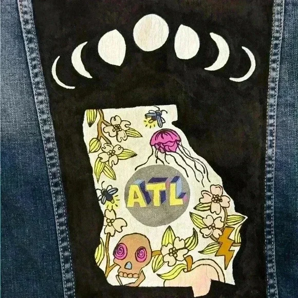 NWOT hand painted Lucky Brand ATL  Atlanta Denim Jacket Sz Xl - Picture 7 of 8